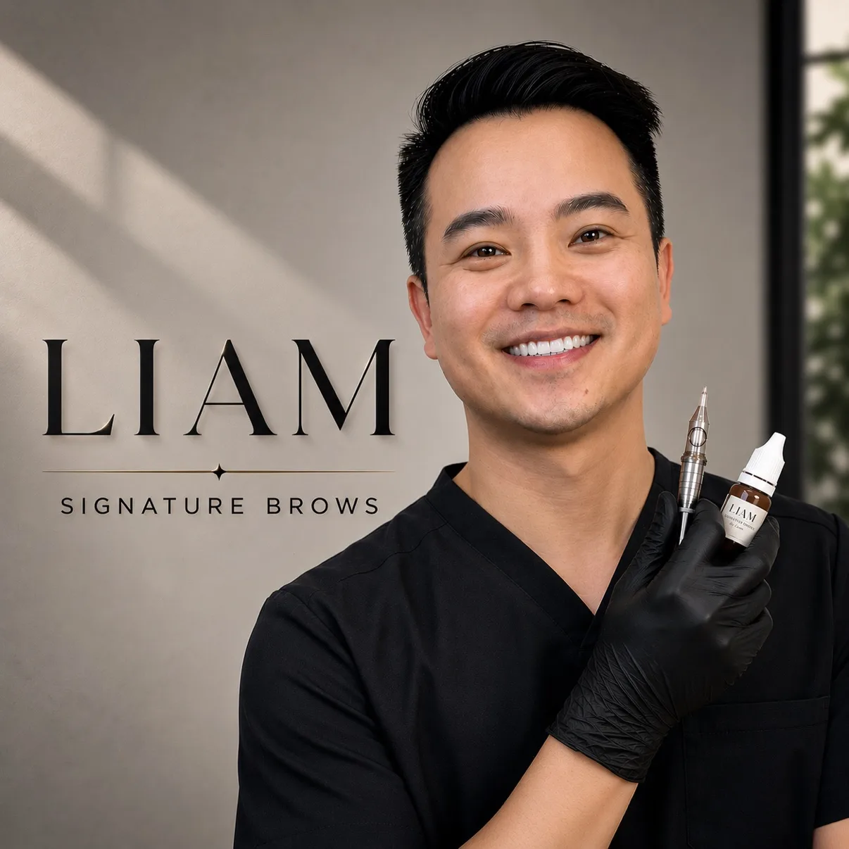 Liam — chủ tiệm Brows by Liam, cầm máy phun xăm và chai mực, thương hiệu Liam Signature Brows